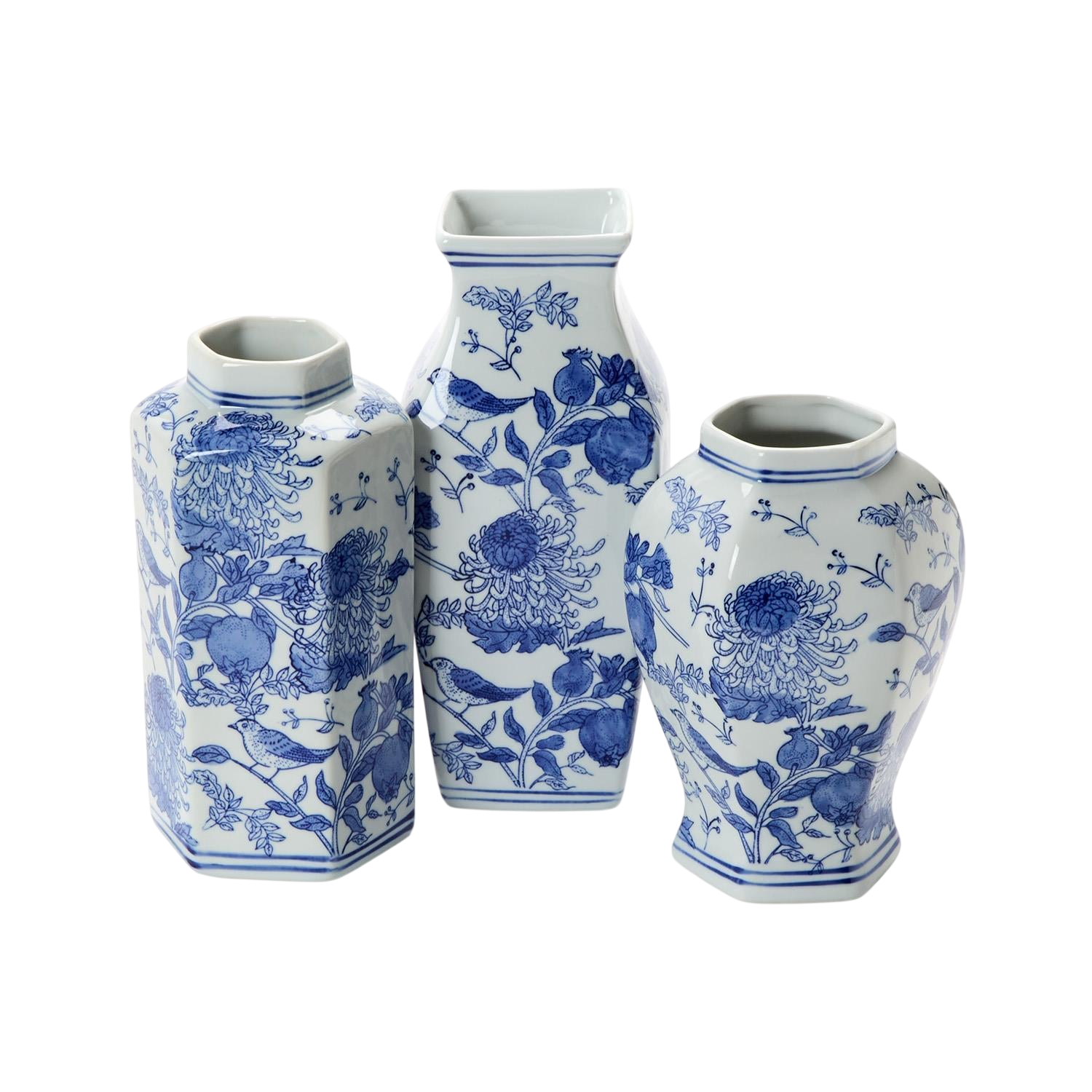 Chrysanthemum Hand-Painted Blue and White Vases (Set of 3)