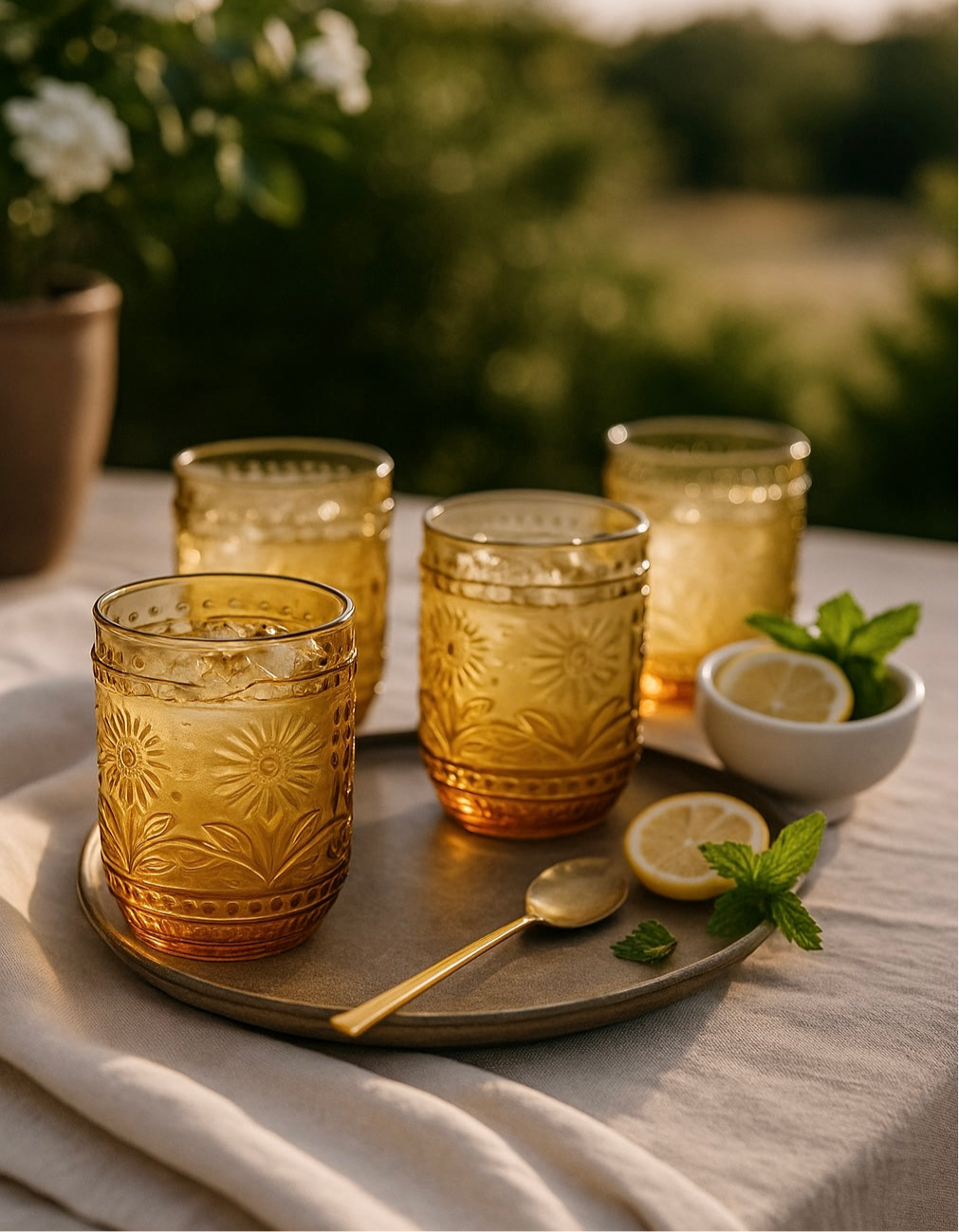 Petra Embossed Drinking Glasses, Amber, Set of 4