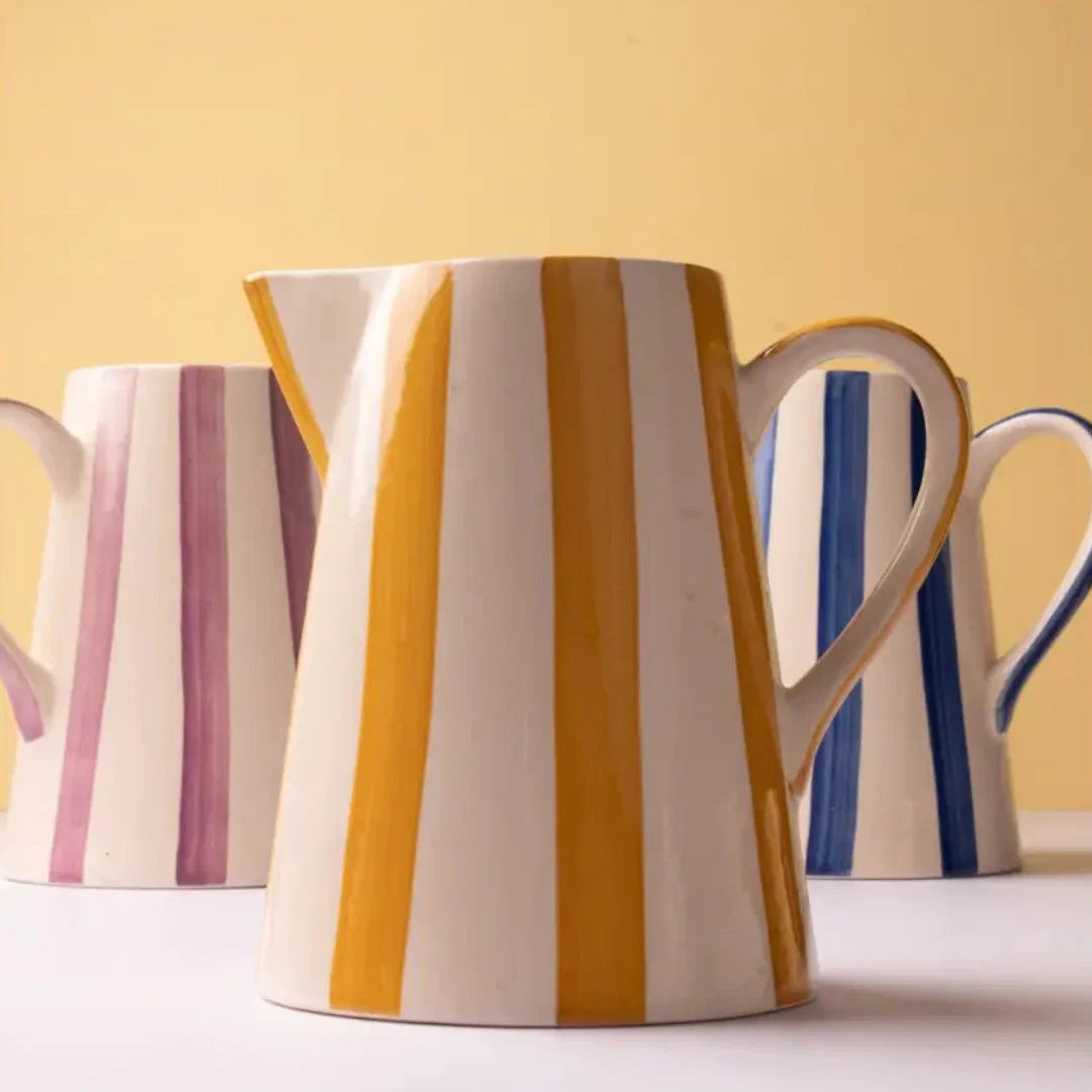 Handpainted Stoneware Stripe Pitcher - Yellow