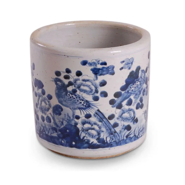 9″ H Foot-stomped Blue and White Bird and Flower Planter