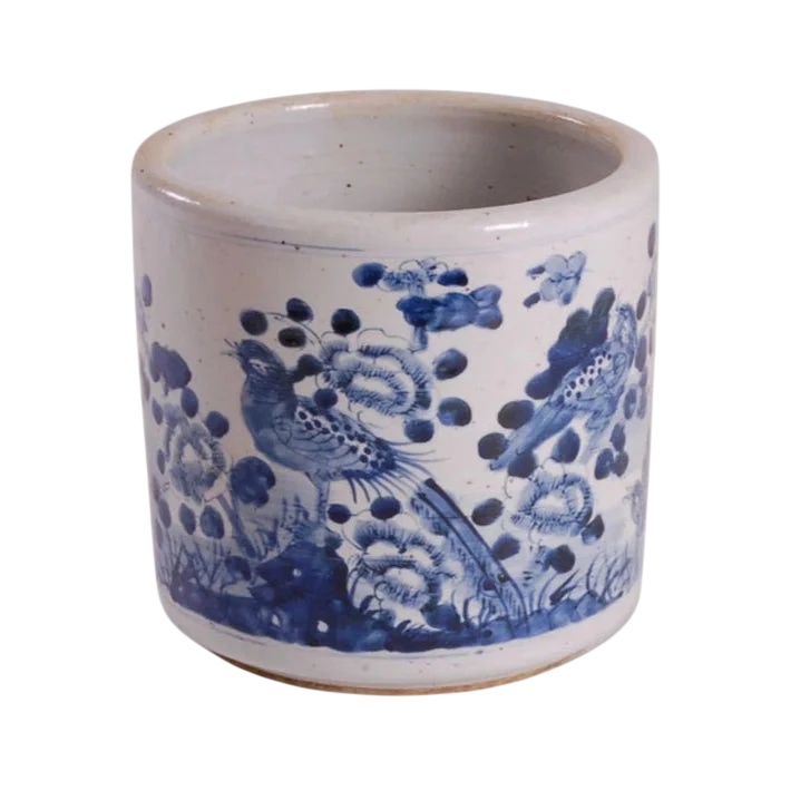 9″ H Foot-stomped Blue and White Bird and Flower Planter