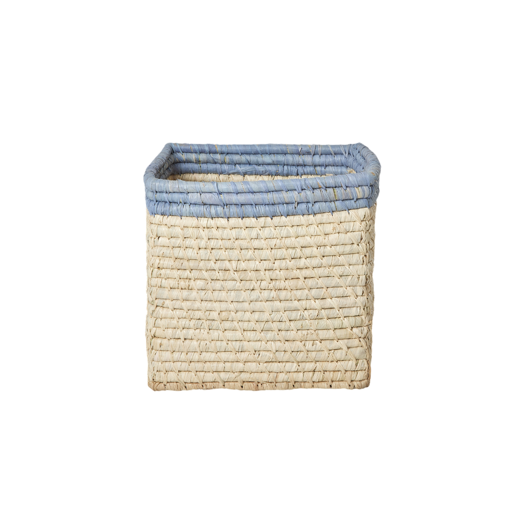 Small Square Raffia Storage Basket with a Blue Top