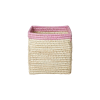 Small Square Raffia Storage Basket with a Pink Top