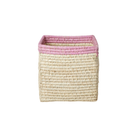 Small Square Raffia Storage Basket with a Pink Top