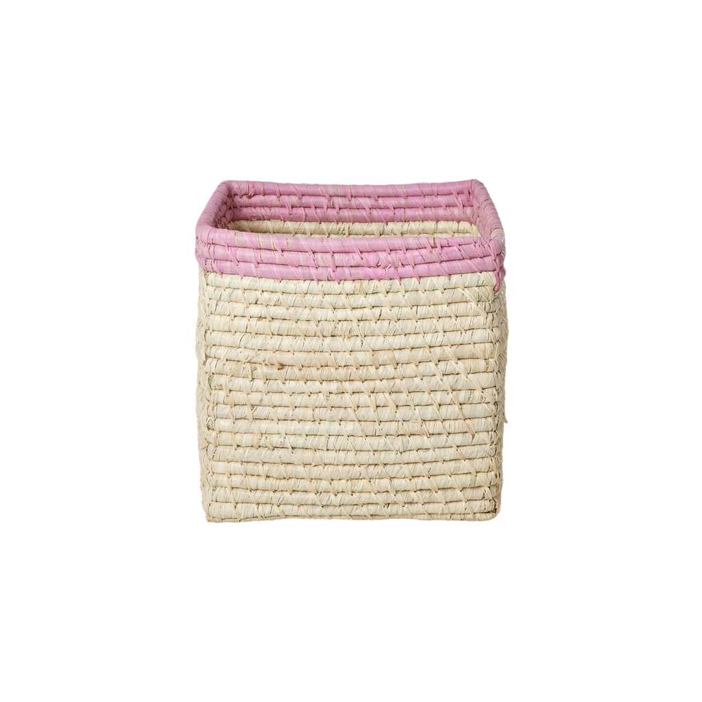 Small Square Raffia Storage Basket with a Pink Top