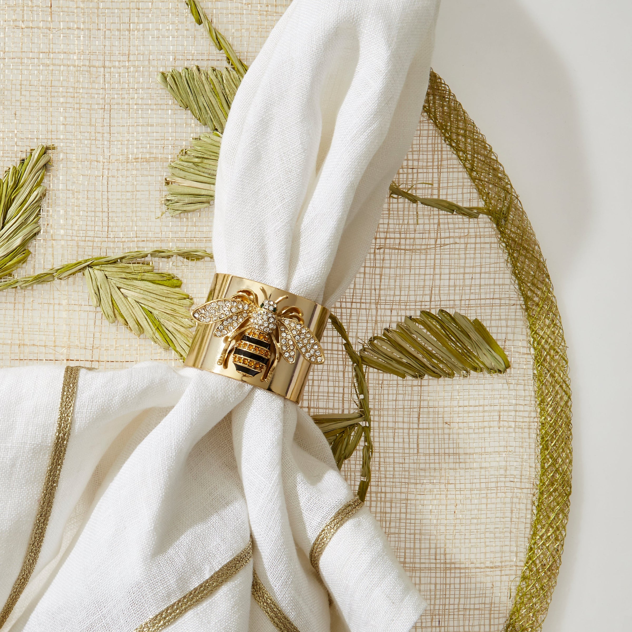 Gold Trim Linen Dinner Napkins - White (Set of 2)