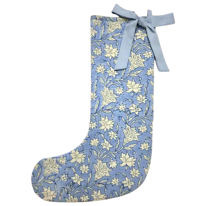 Blue Holiday Floral Blockprint Stocking