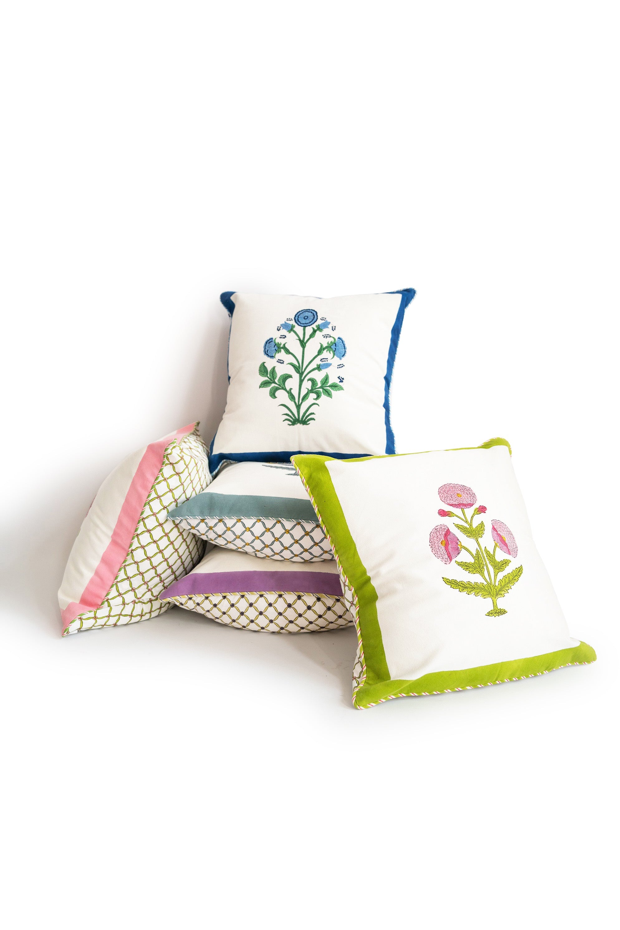 Green Poppy Blockprint Pillow