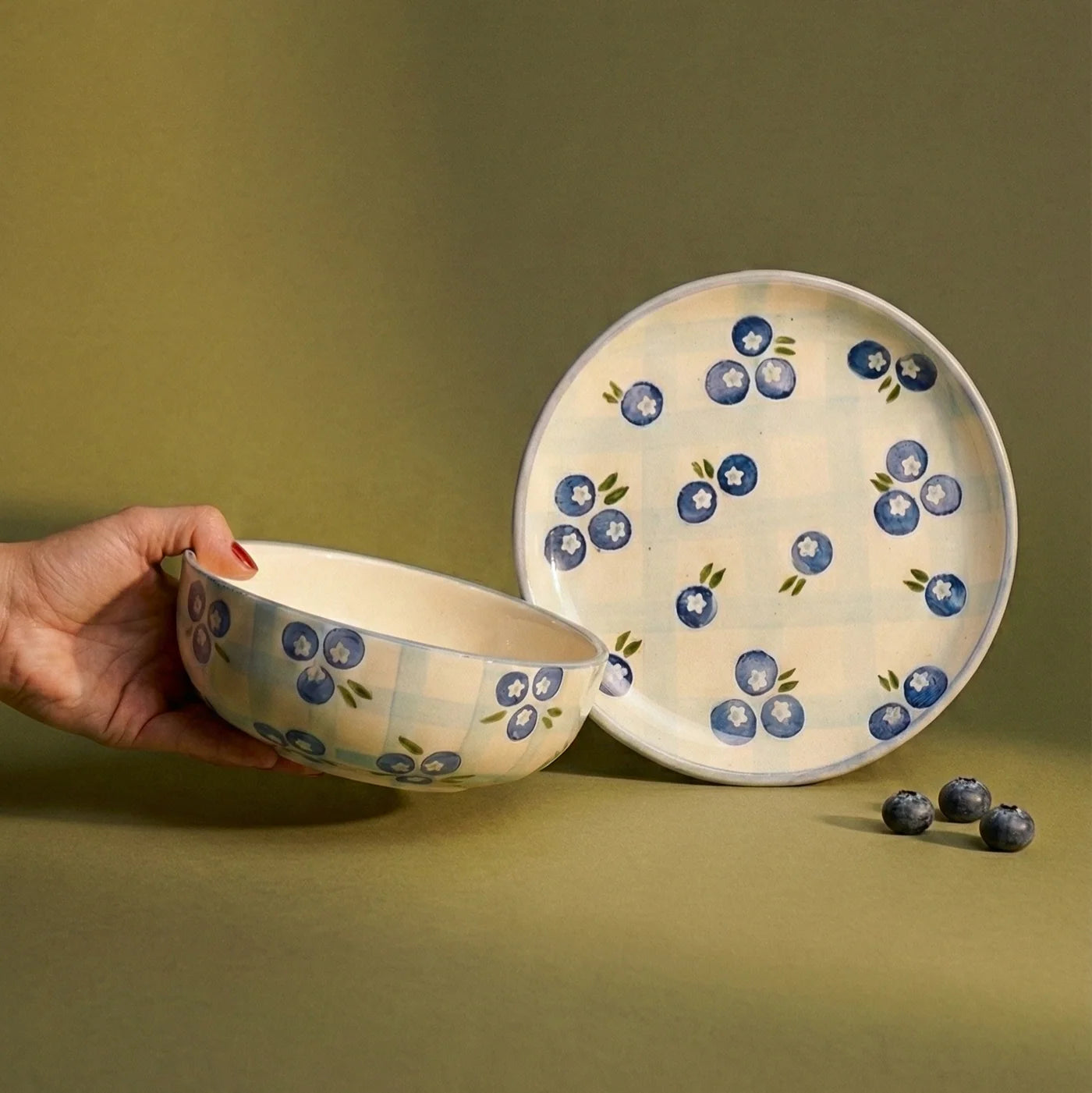 Blueberry Ceramic Breakfast Set - Side Plate And Breakfast Bowl