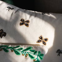 Embroidered Bow Pillow - Cream Cotton Velvet