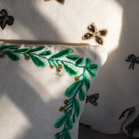 Embroidered Border Mistletoe Pillow - Cream Cotton Velvet