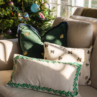 Embroidered Border Mistletoe Pillow - Cream Cotton Velvet