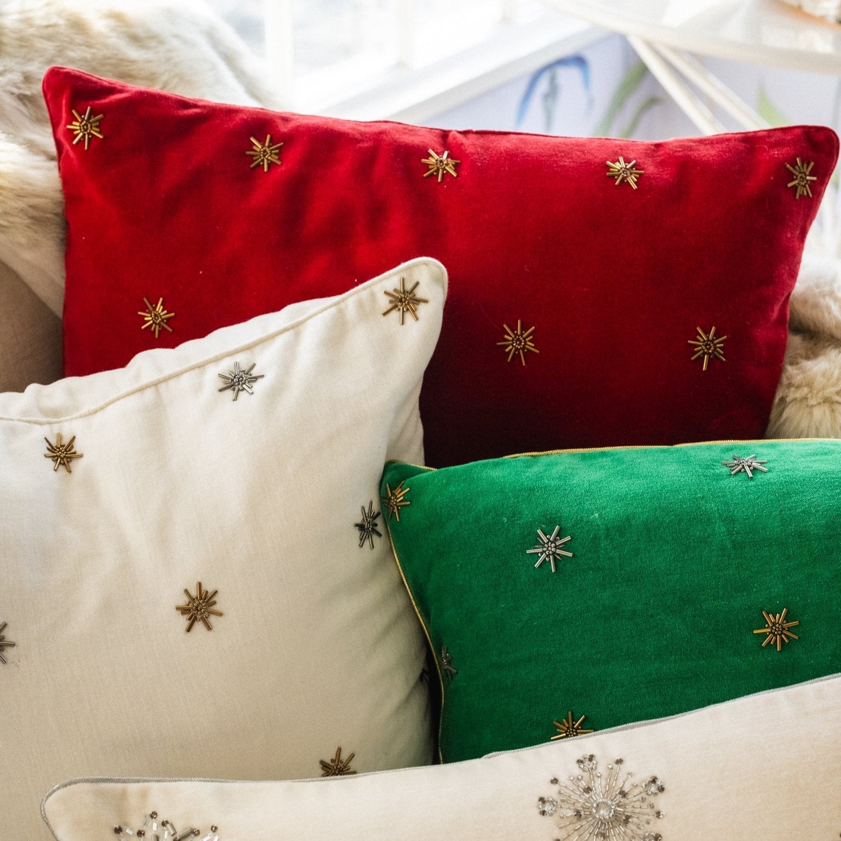 Embroidered Star Pillow - Emerald Green Cotton Velvet