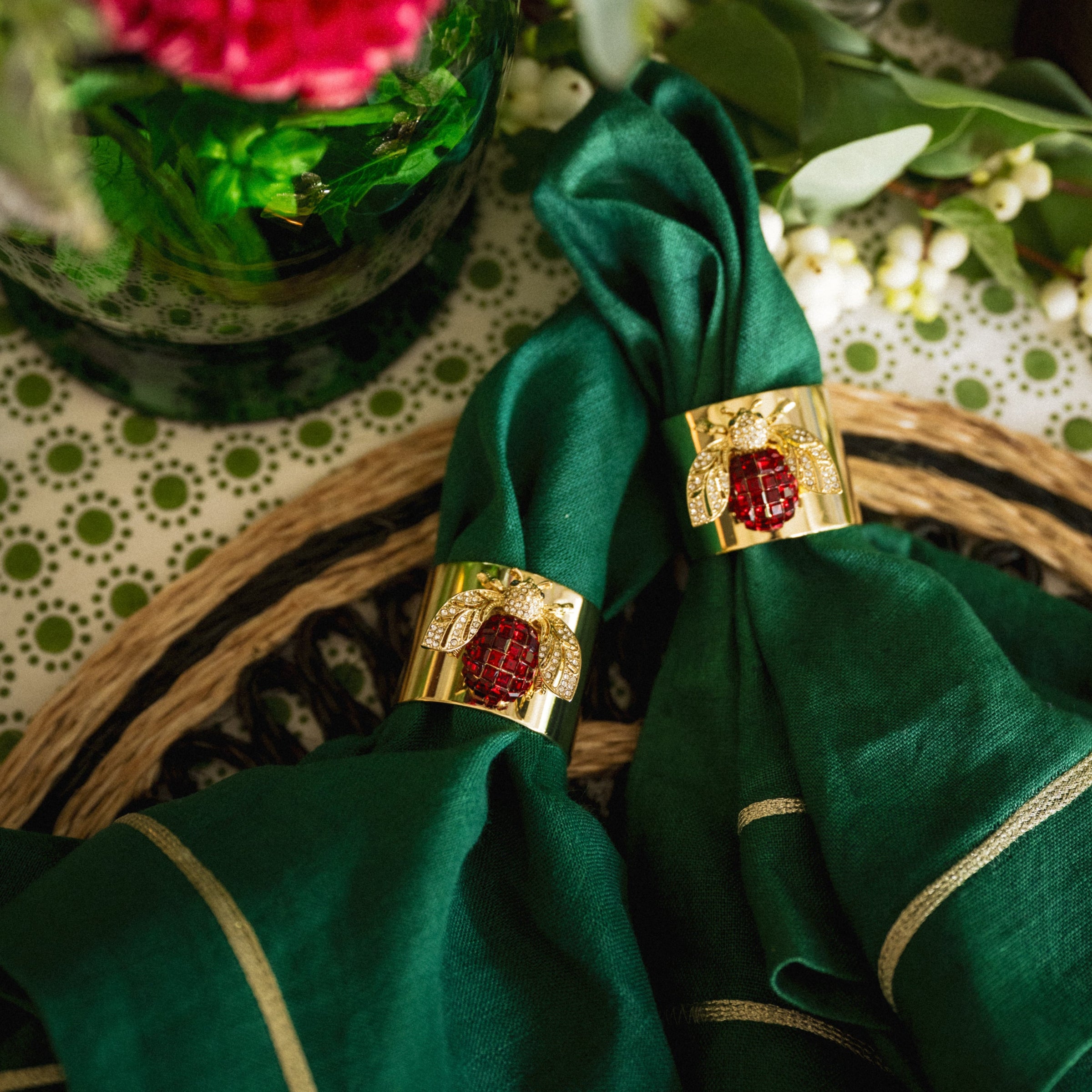 Gold Trim Dinner Napkins - Hunter Green (Set of 2)
