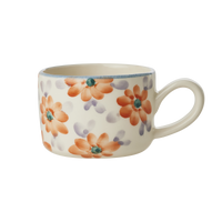 Ceramic Cappuccino Cup with Hand Painted Orange Flowers - 6.7 oz