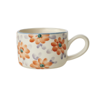 Ceramic Cappuccino Cup with Hand Painted Orange Flowers - 6.7 oz
