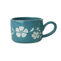 Ceramic Cappuccino Cup with Hand Painted White Flowers Vine - 6.7 oz