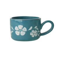 Ceramic Cappuccino Cup with Hand Painted White Flowers Vine - 6.7 oz