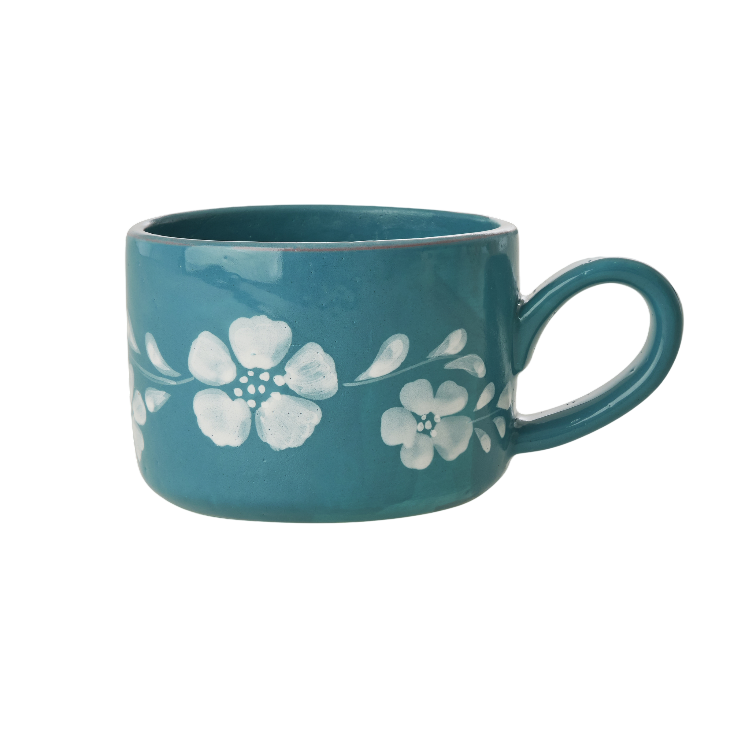 Ceramic Cappuccino Cup with Hand Painted White Flowers Vine - 6.7 oz