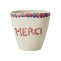 Ceramic Oval Cup with Hand Painted Merci - 10.1 oz