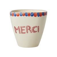 Ceramic Oval Cup with Hand Painted Merci - 10.1 oz