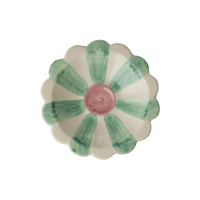 Ceramic Flower Dipping Bowl with Soft Green Hand Painted Stripes