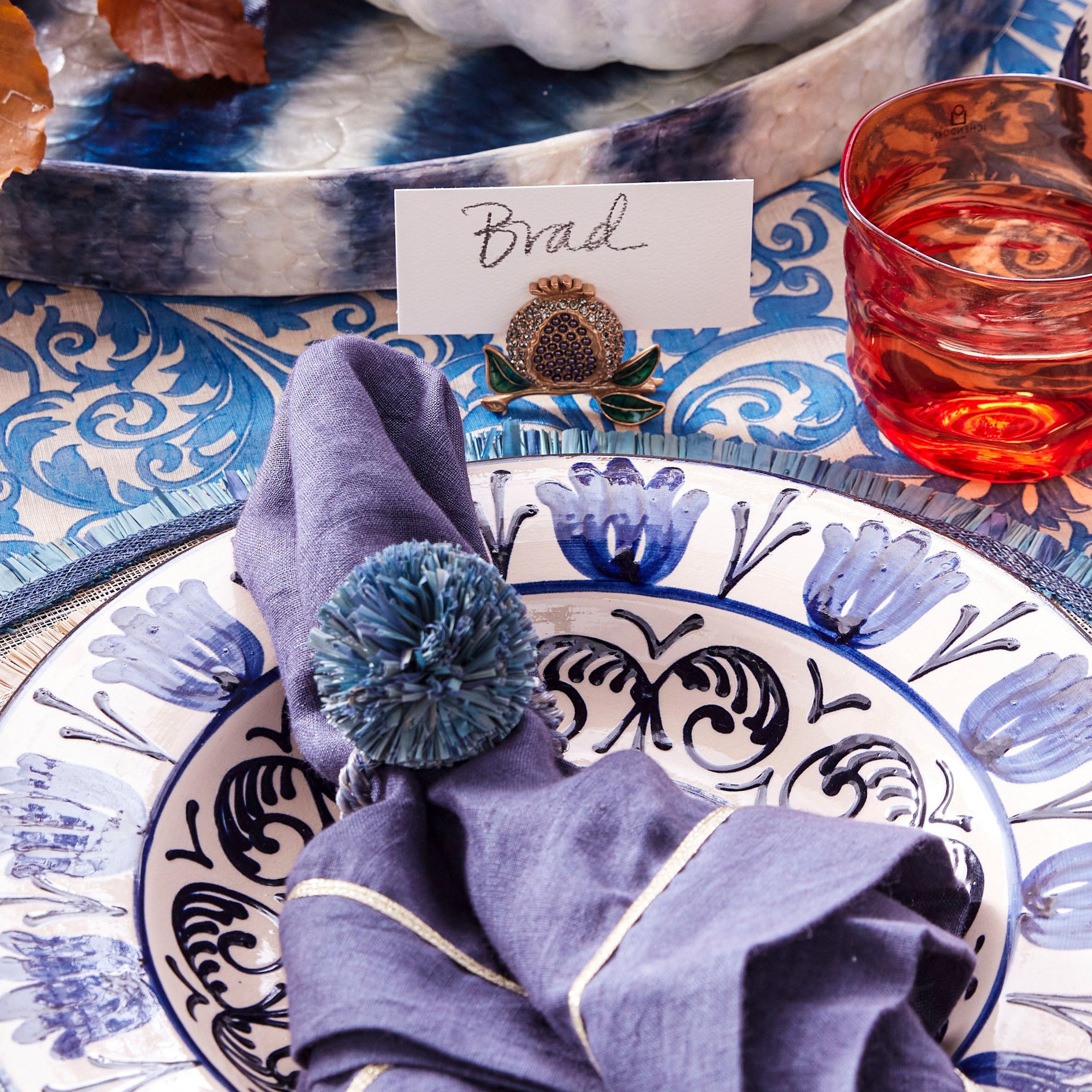 Straw Pompom Napkin Rings - Indigo (Set of 4)