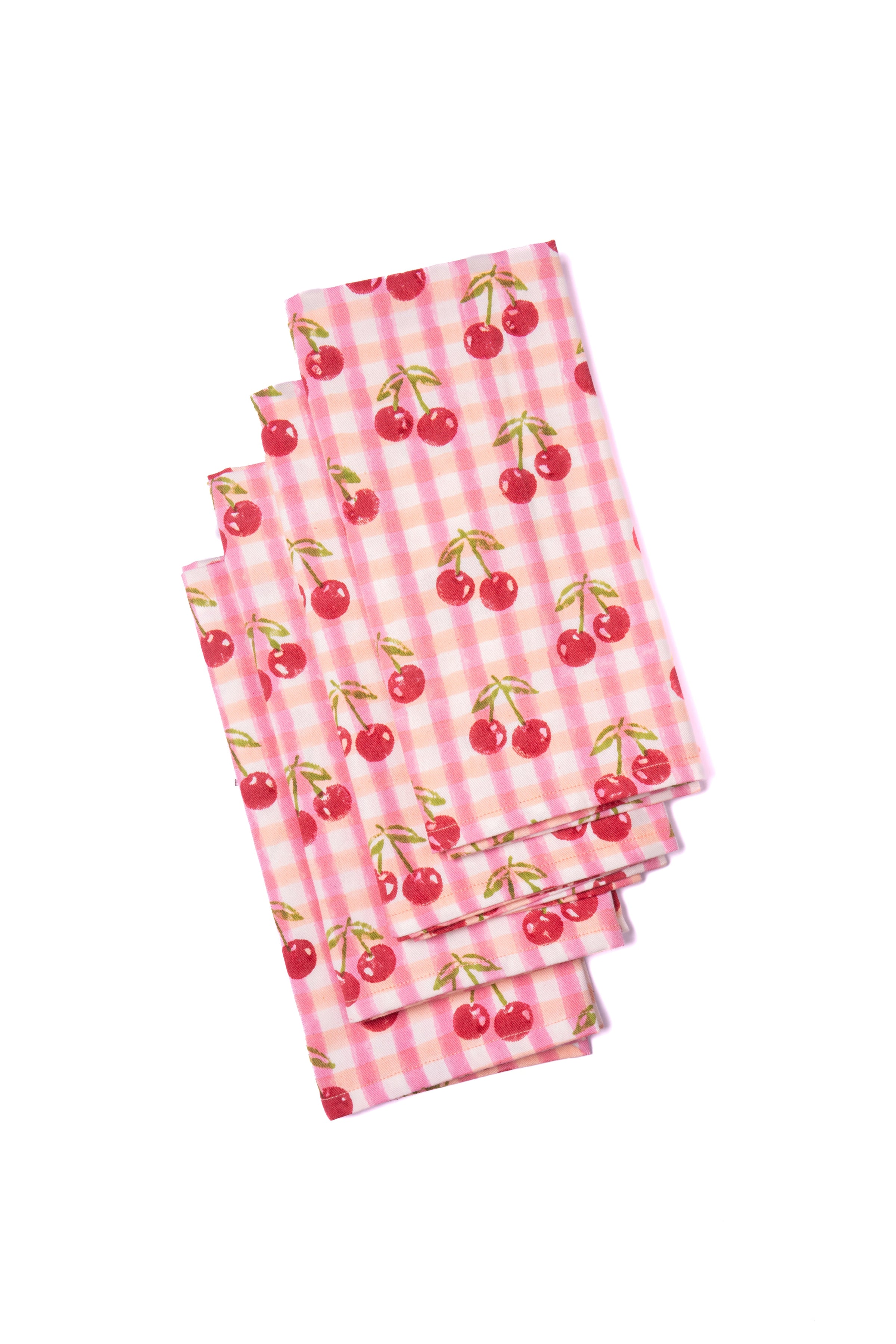 Cherry Blockprint Napkins in Red Gingham, Set of 4