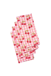 Cherry Blockprint Napkins in Red Gingham, Set of 4