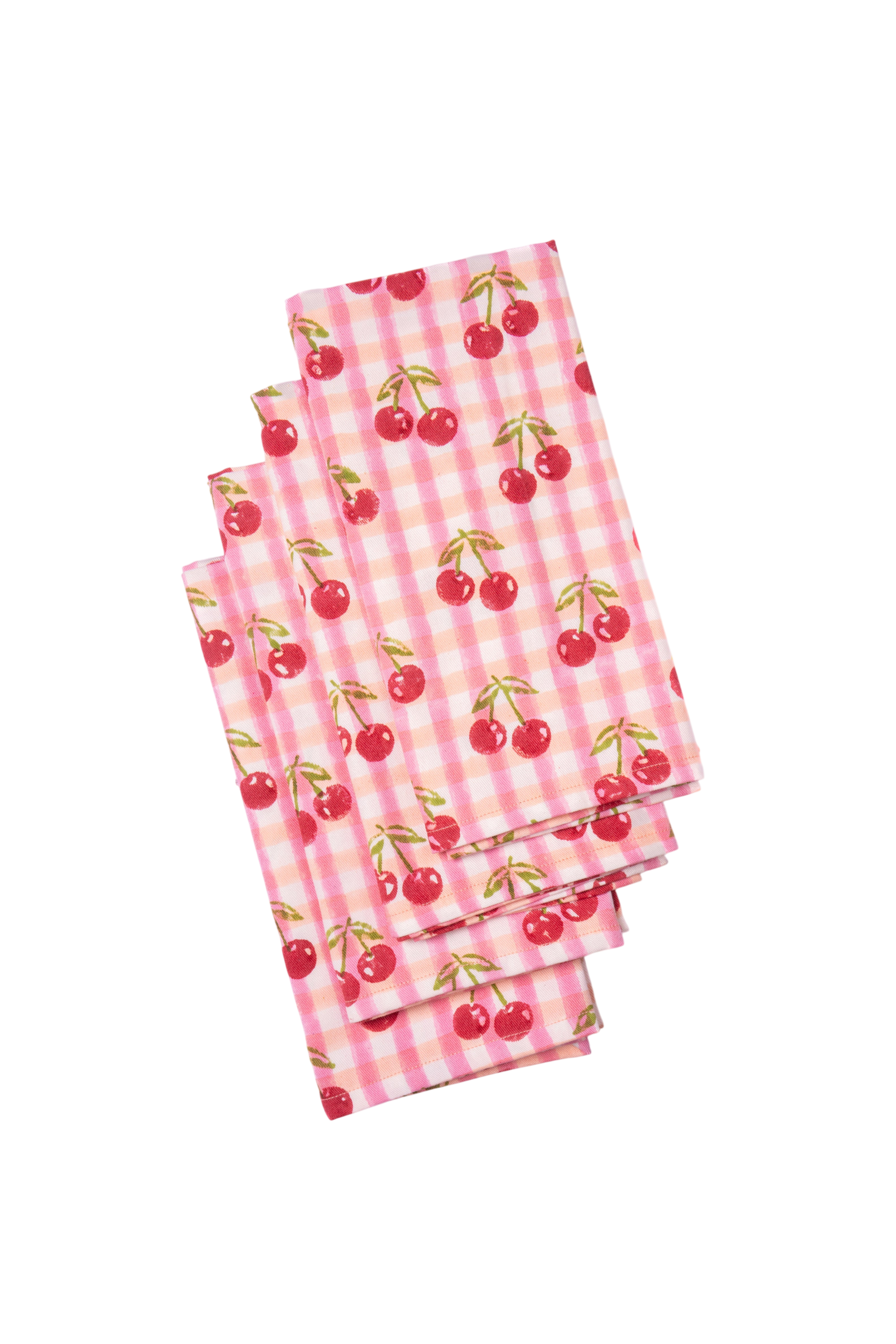 Cherry Blockprint Napkins in Red Gingham, Set of 4
