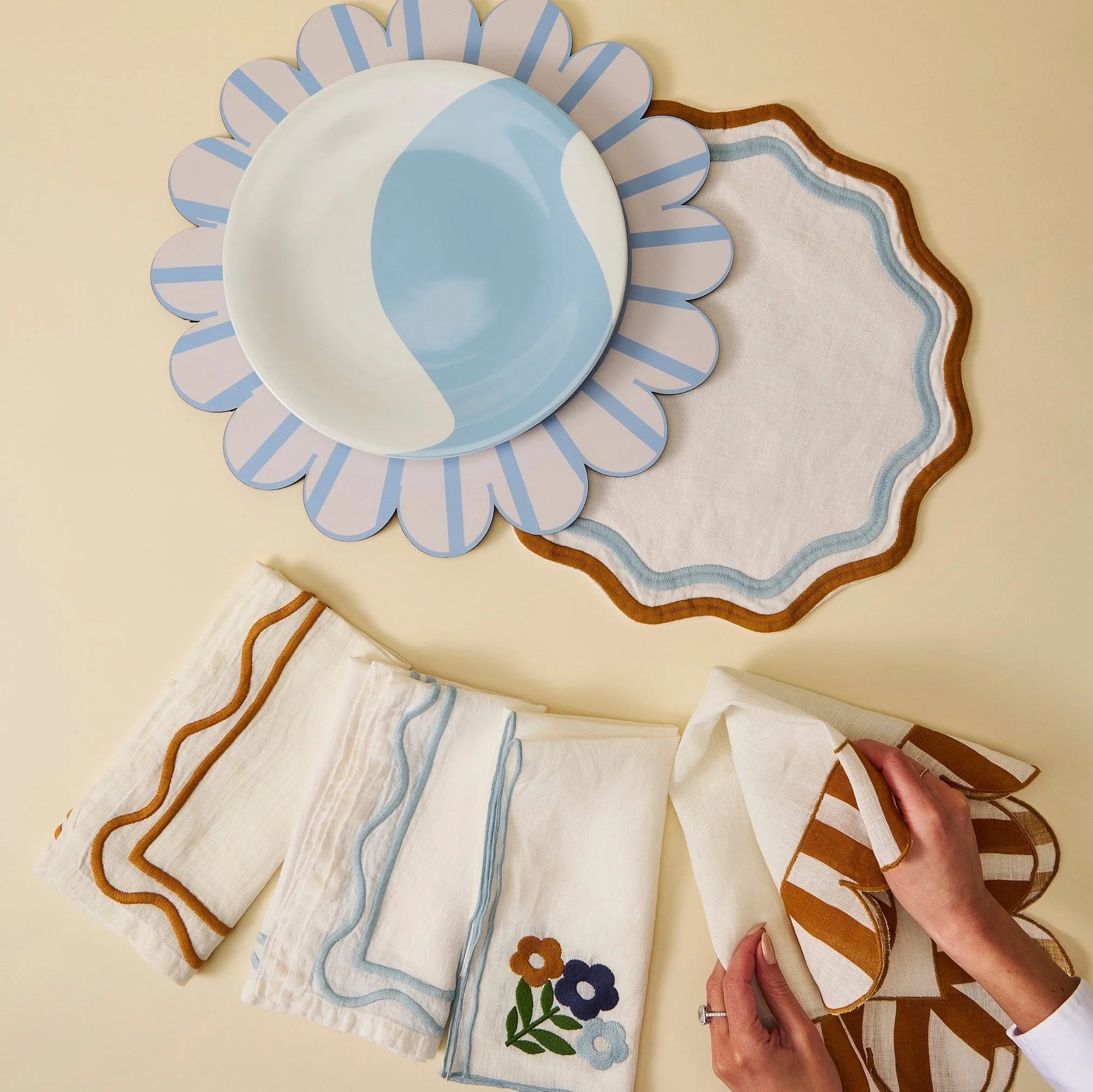 Colorblock Embroidered Linen Placemats in Blue/Amber (Set of 4)
