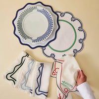 Colorblock Embroidered Linen Placemats in Blue (Set of 4)