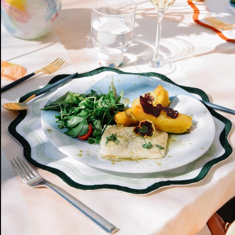 Colorblock Embroidered Linen Placemats in Dark Green/Sage (Set of 4)