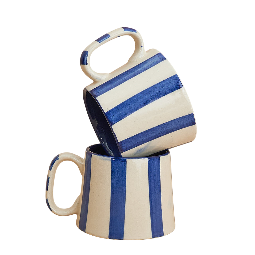 Ceramic Stripe Coffee Cup - Dark Blue (Set of 2)