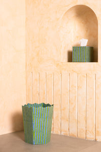 Blockprint Tissue Box Cover in Green and Blue Stripes