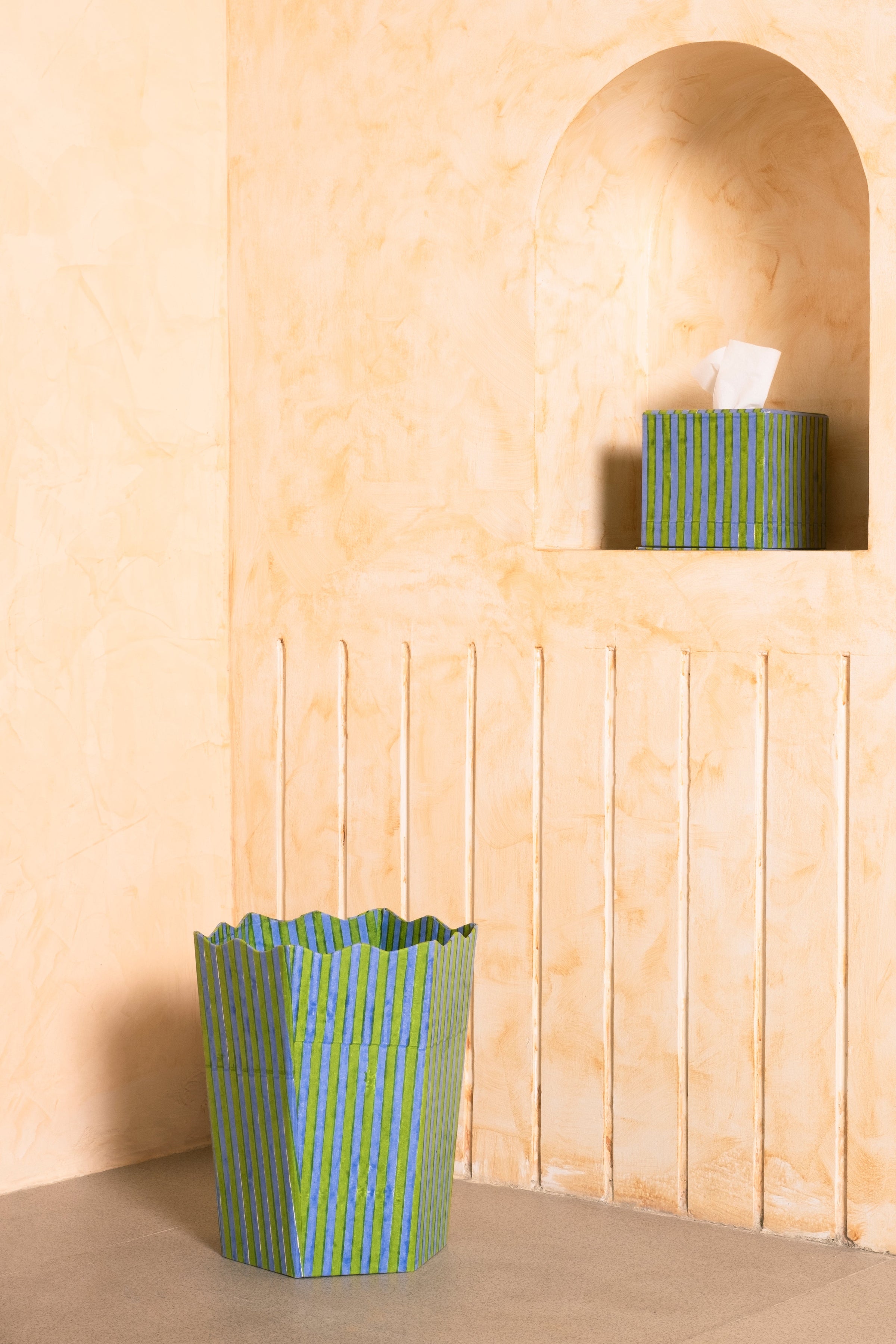 Blockprint Tissue Box Cover in Green and Blue Stripes