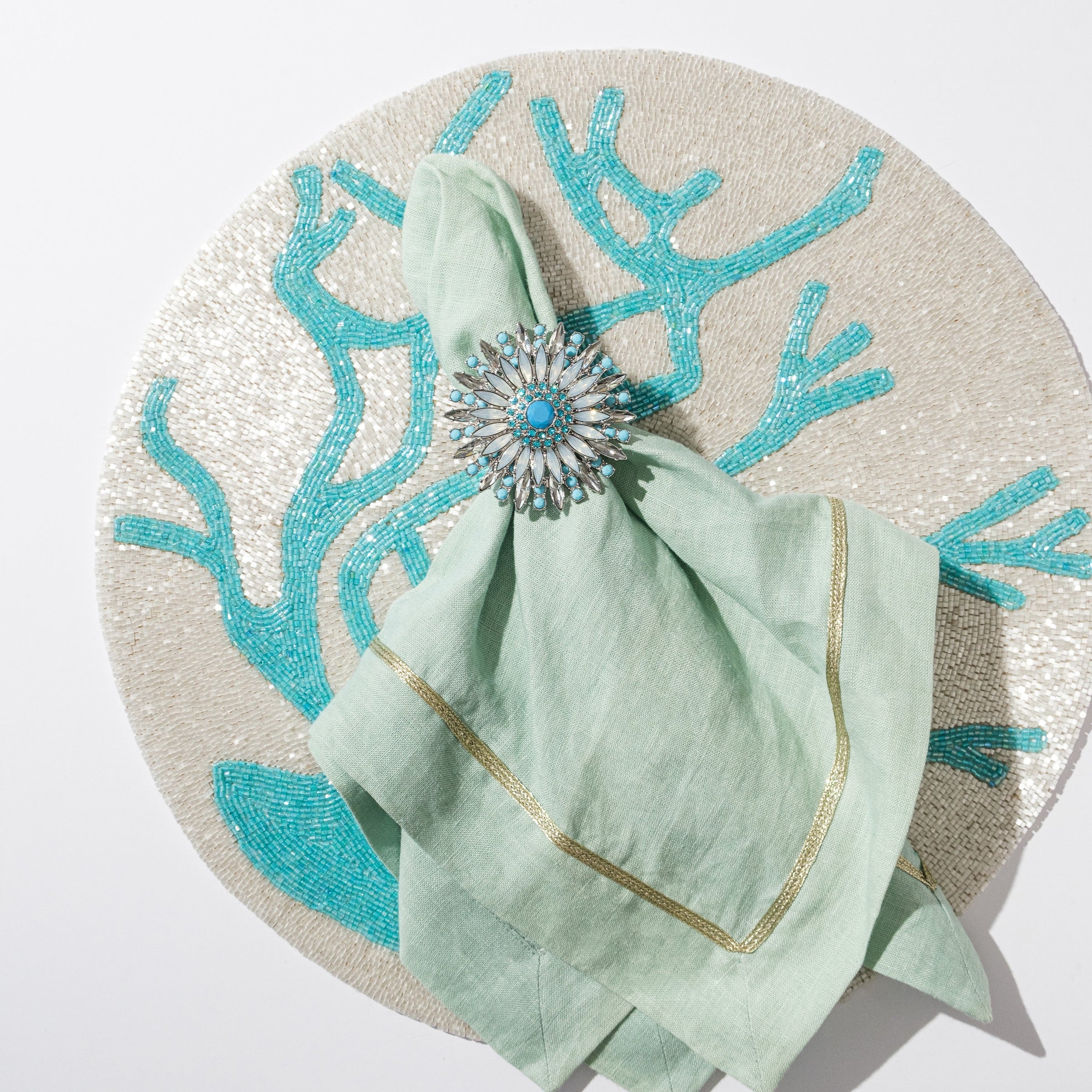 Delicate Coral Hand Beaded Placemat - Turquoise