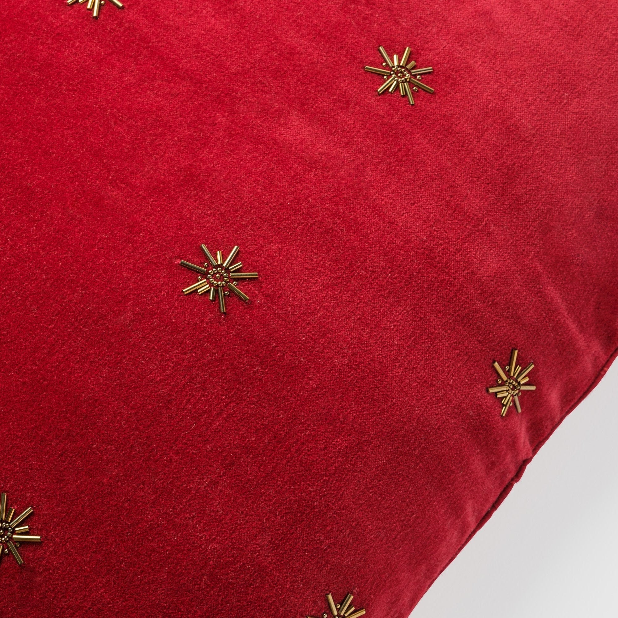 Embroidered Star Pillow - Red Cotton Velvet