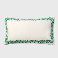 Embroidered Border Mistletoe Pillow - Cream Cotton Velvet