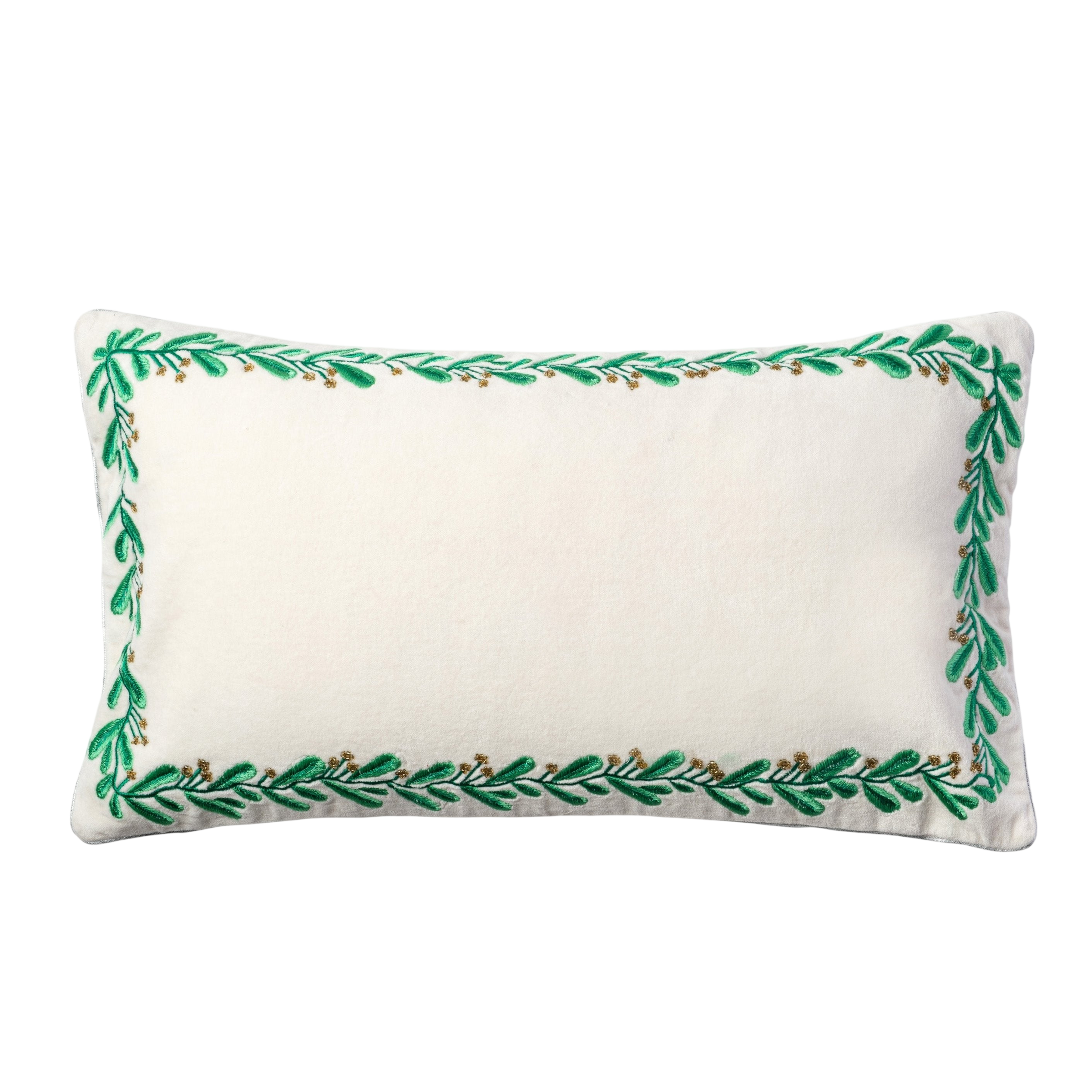 Embroidered Border Mistletoe Pillow - Cream Cotton Velvet