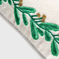 Embroidered Border Mistletoe Pillow - Cream Cotton Velvet