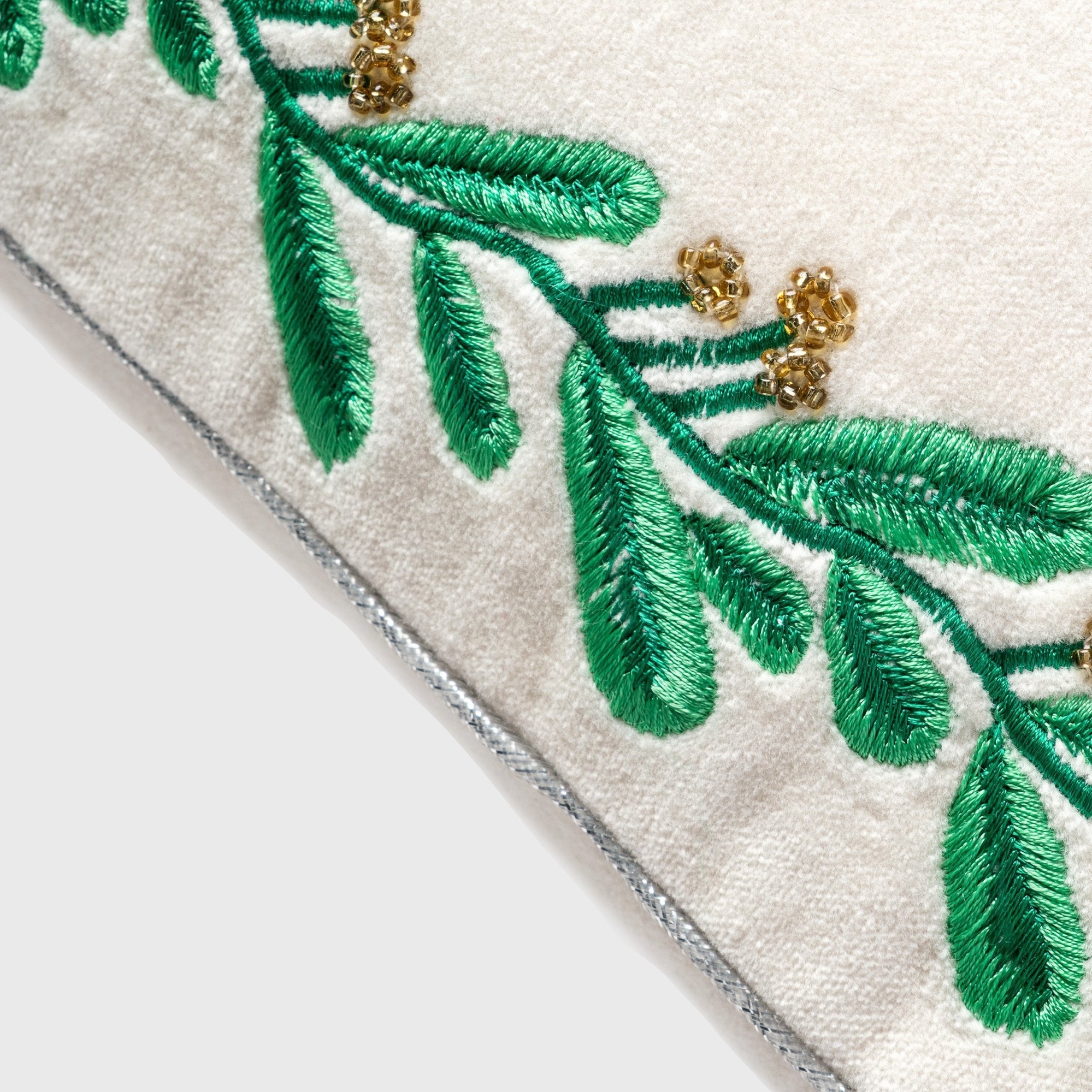Embroidered Border Mistletoe Pillow - Cream Cotton Velvet