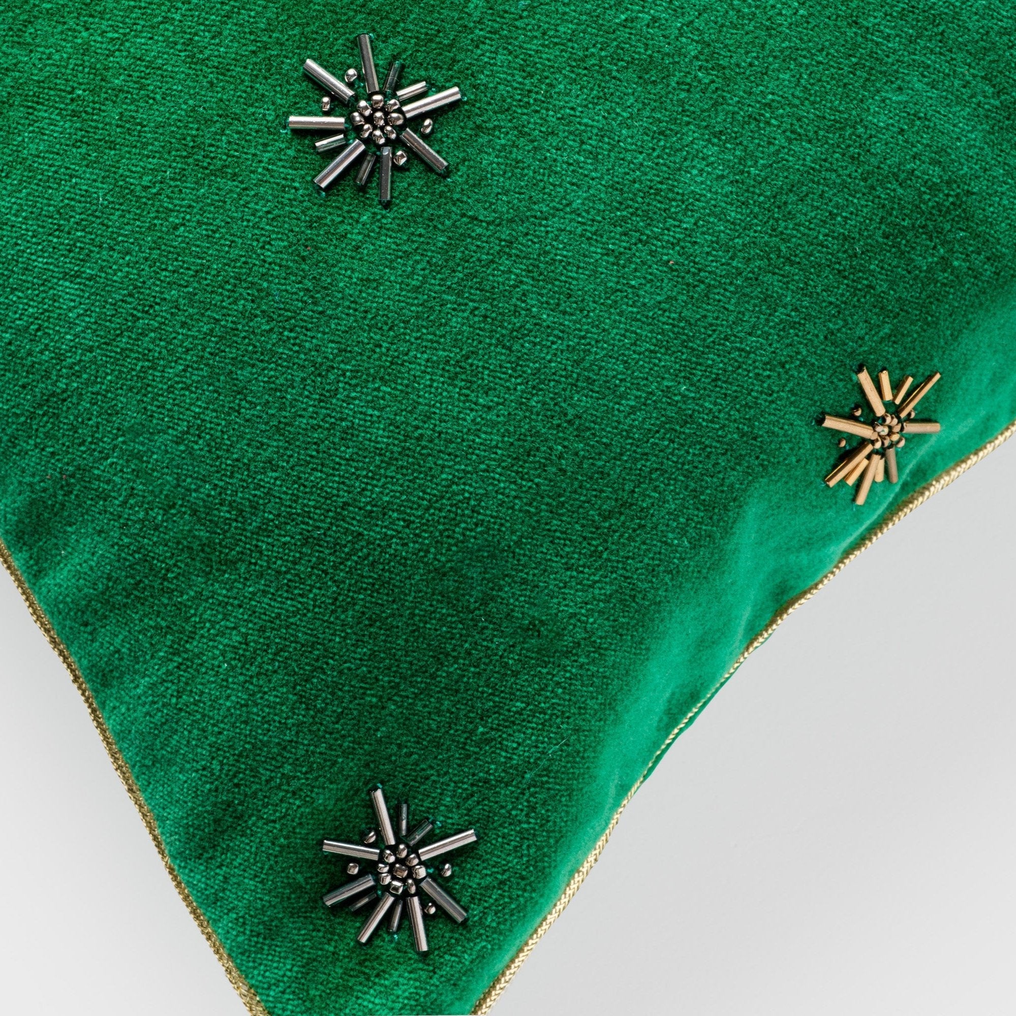 Embroidered Star Pillow - Emerald Green Cotton Velvet