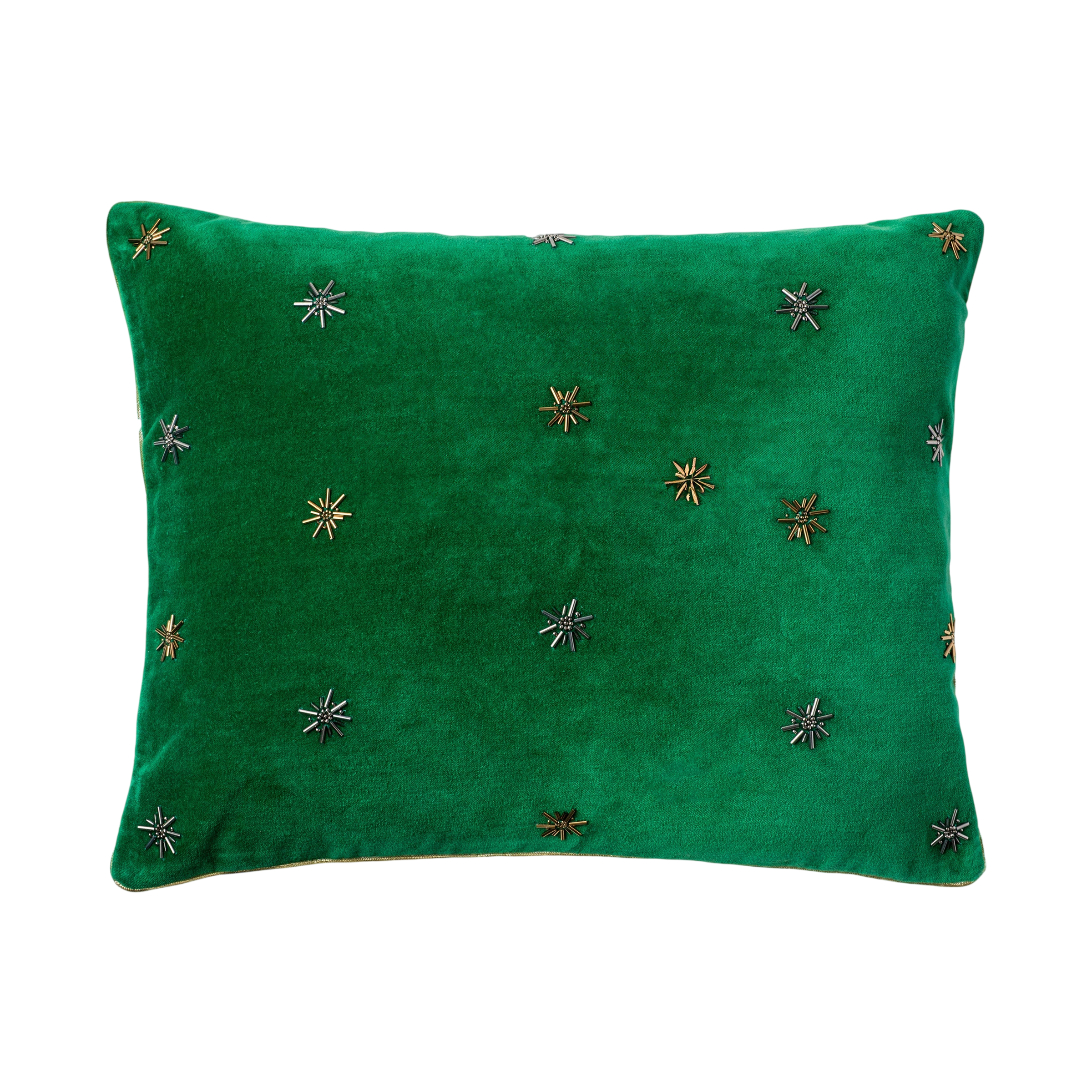 Embroidered Star Pillow - Emerald Green Cotton Velvet