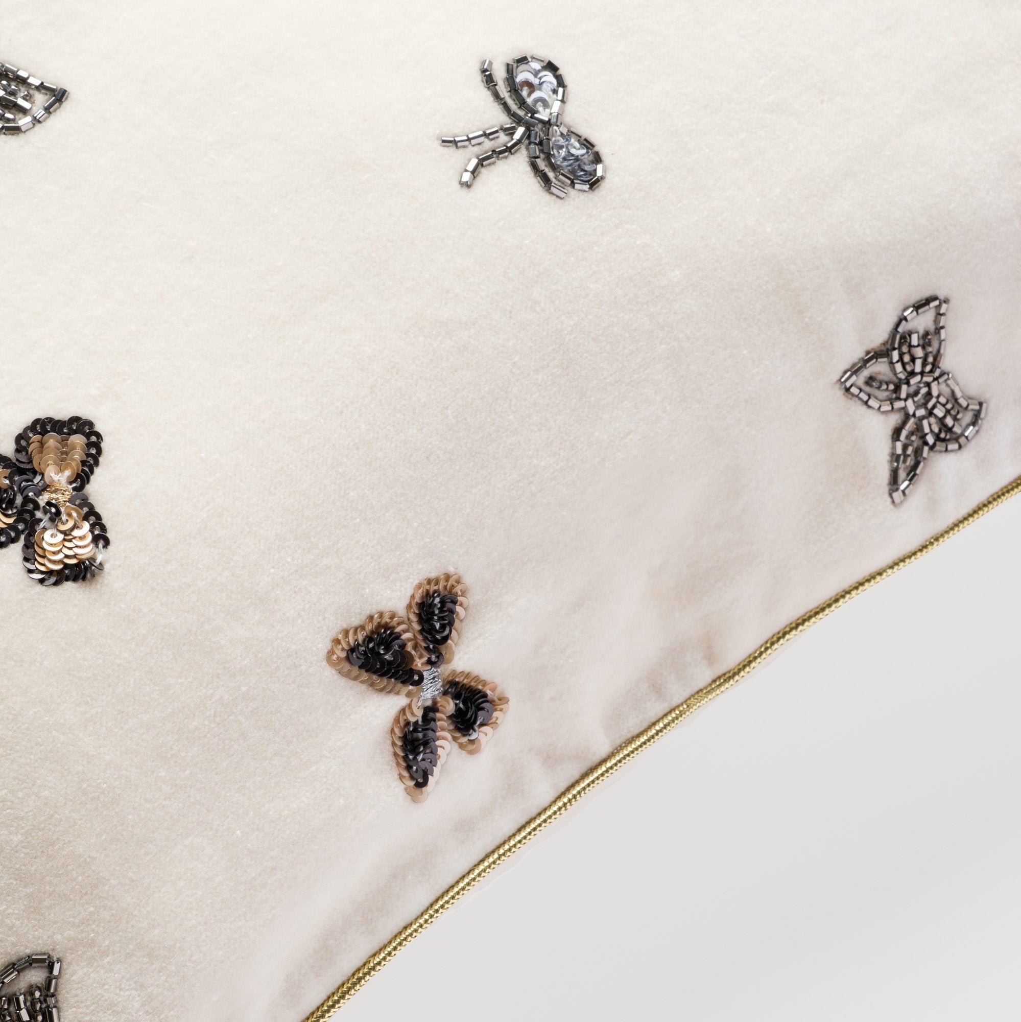 Embroidered Bow Pillow - Cream Cotton Velvet