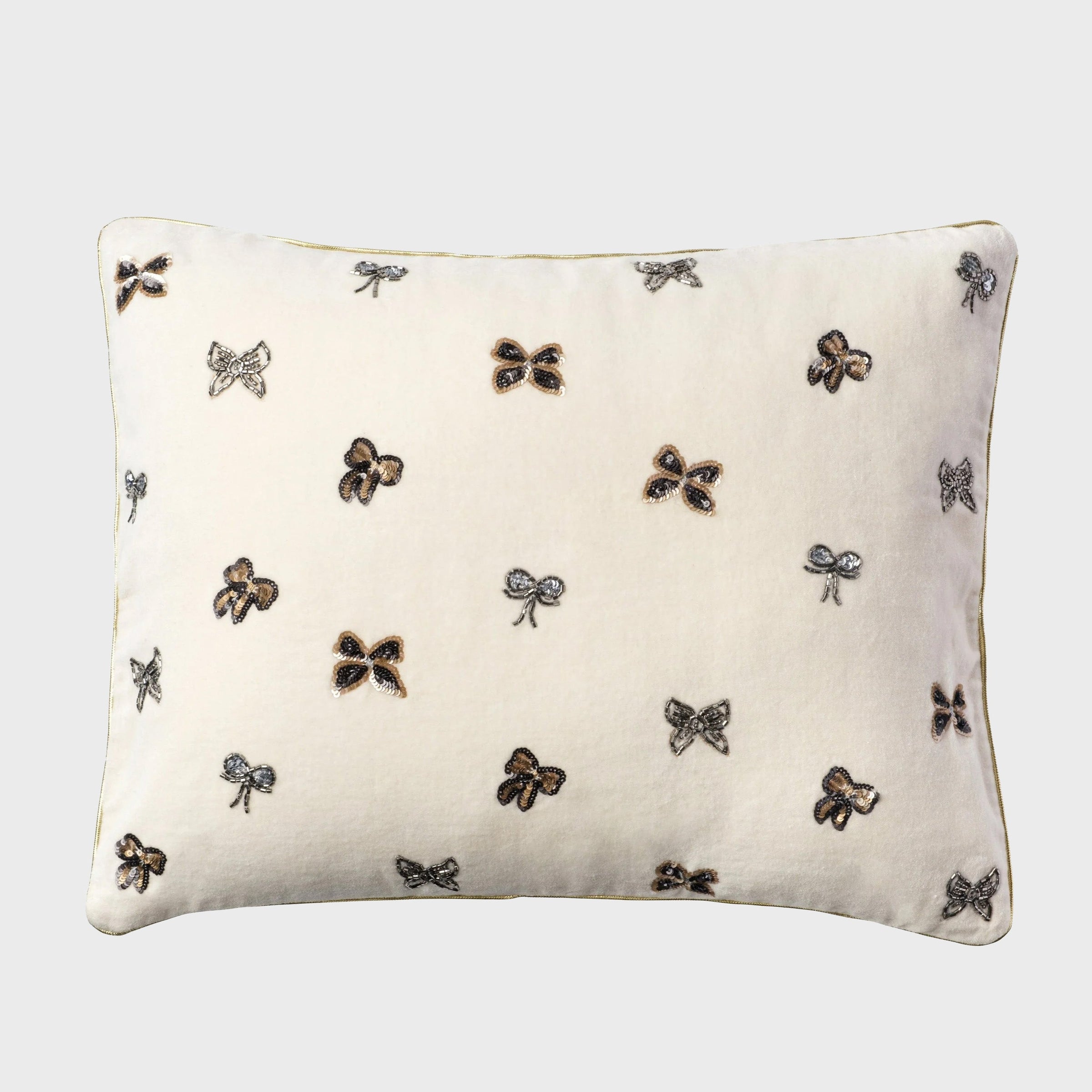 Embroidered Bow Pillow - Cream Cotton Velvet