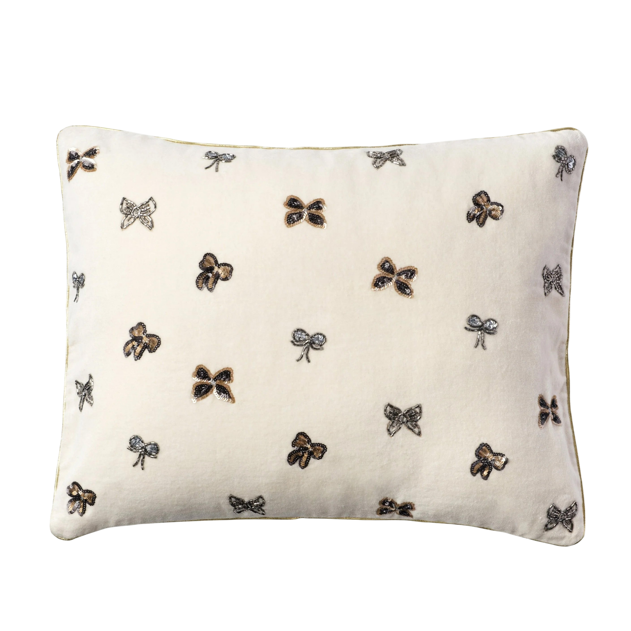 Embroidered Bow Pillow - Cream Cotton Velvet