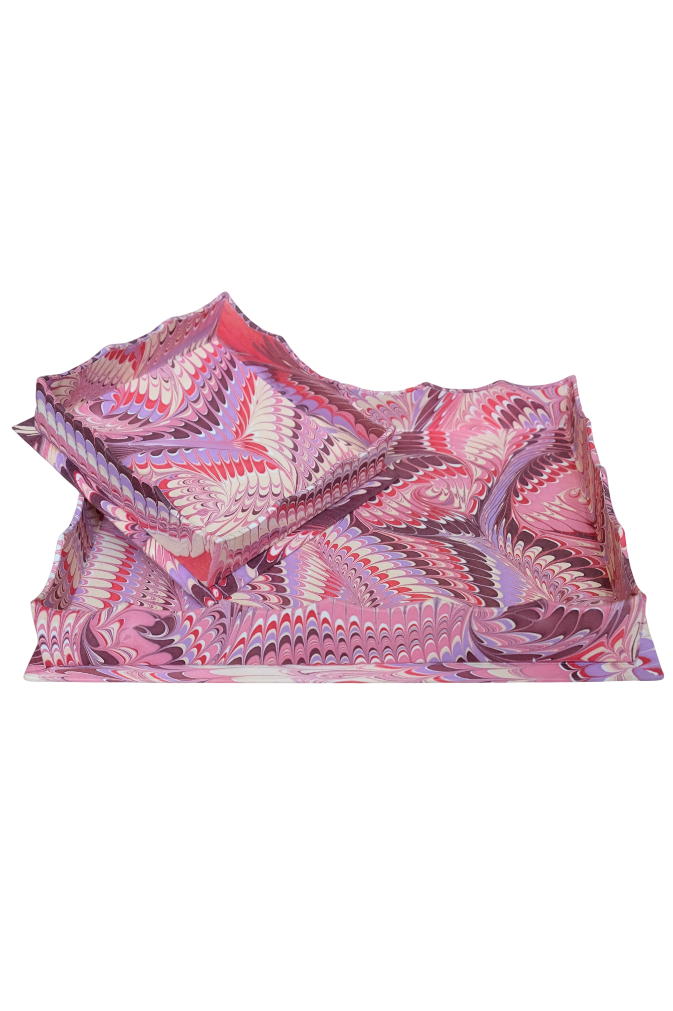 Nesting Scalloped Hand-Marbled Trays in Florentine Pink