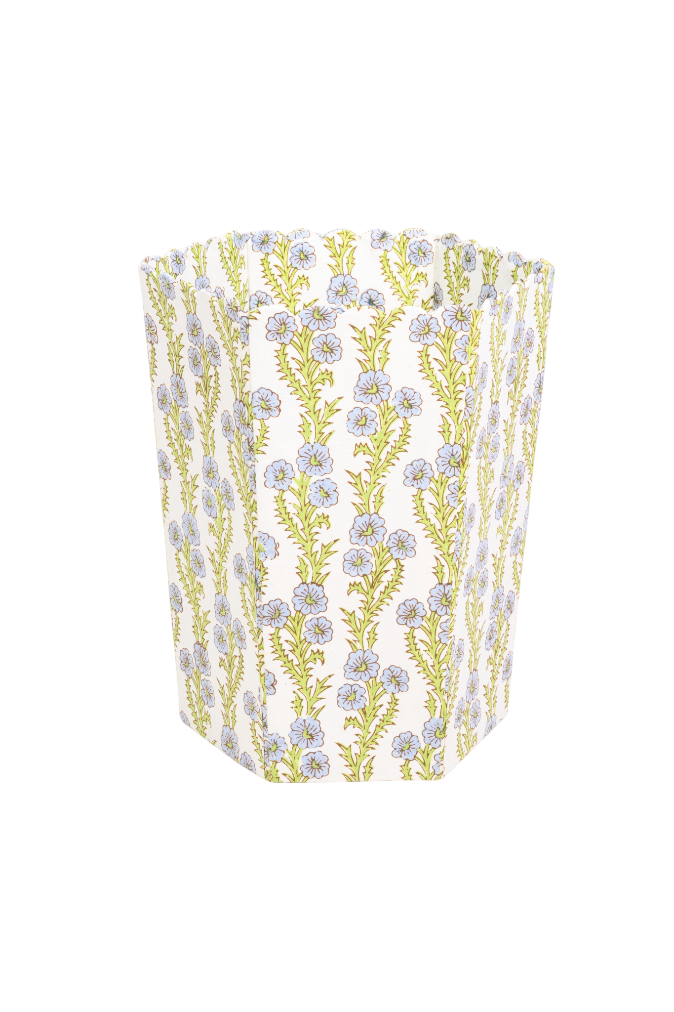 Scallop Waste Bin / Storage Bin in Forget Me Not Blockprint
