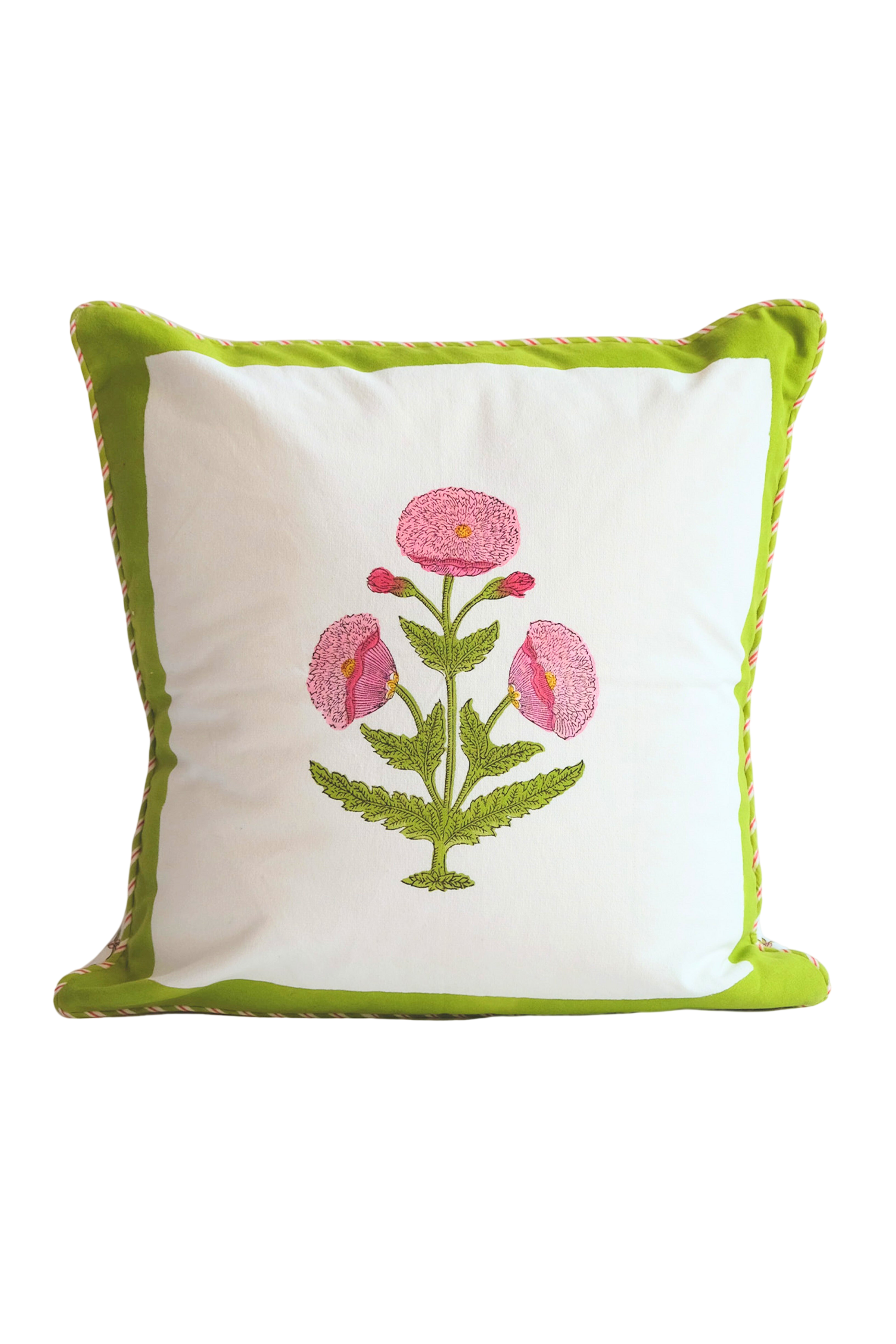 Green Poppy Blockprint Pillow
